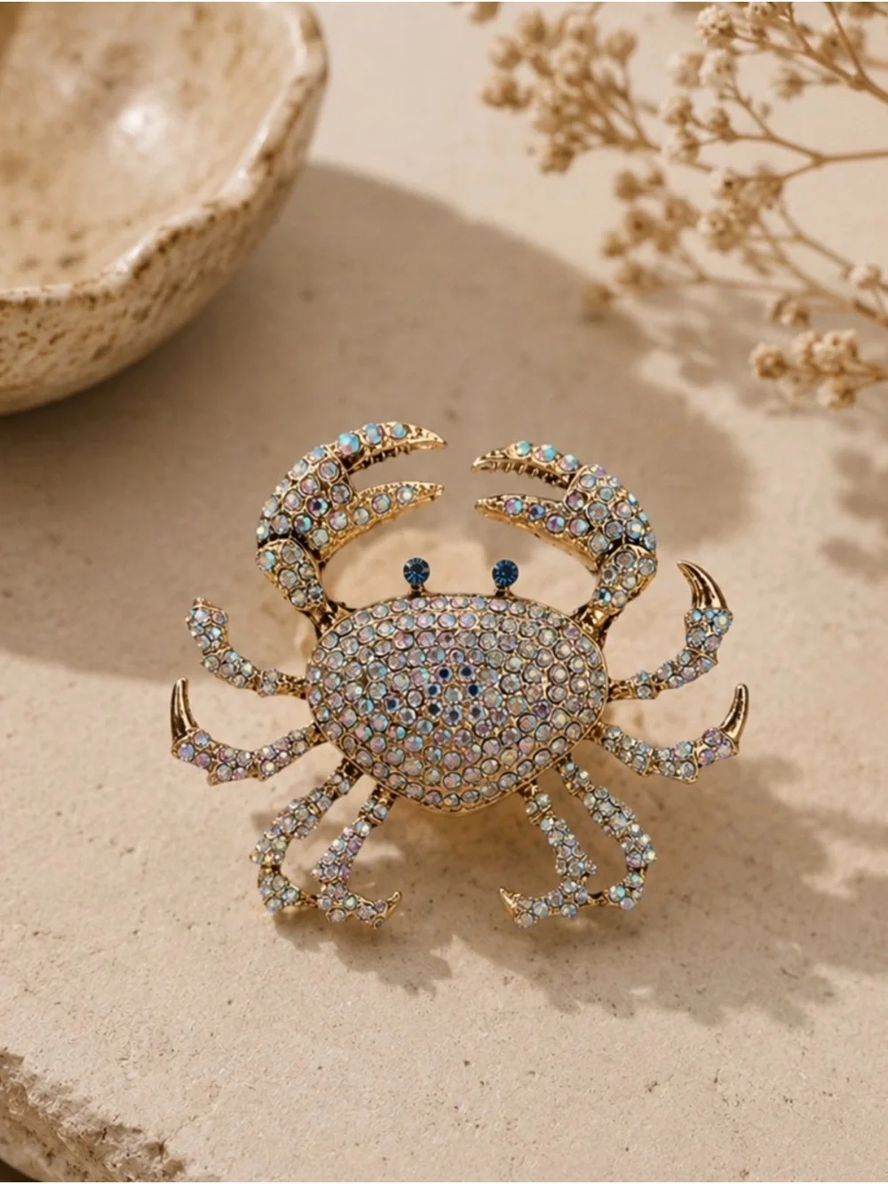 Gold-Tone Crystal Crab Brooch - Iridescent Blue Accent
